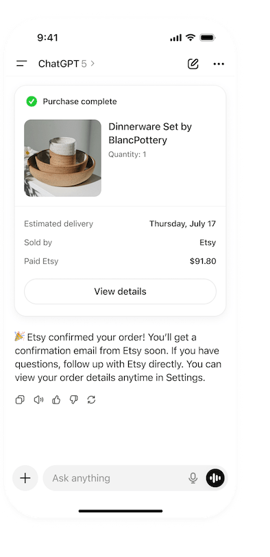 AI commerce flow step 4: Order confirmed. The store made a sale.